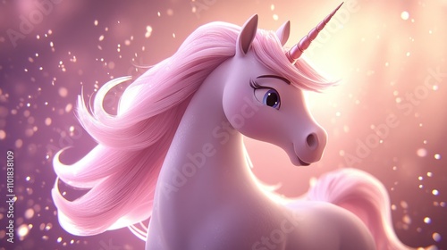 Pink Unicorn with Long Flowing Mane and Horn