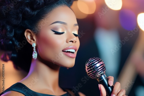 Singers performing on stage with microphones during a lively evening event