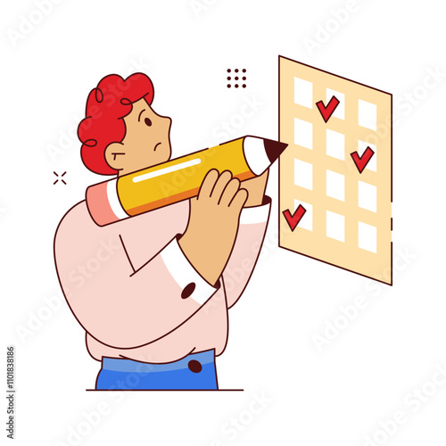 Teenager on exam answering test questions drawing marks in boxes of examination paper. Vector isolated flat cartoon character worried about results. Student in school or university writing