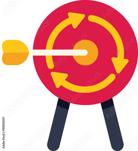 This vector illustration shows the concept of continuous improvement process with an arrow hitting a target with circular arrows