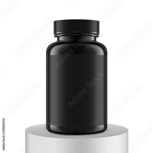 Plastic black packer pill bottle on pedestal mockup with black label for treats, vitamins, supplements isolated on white background. Vector illustration. ready for your design. EPS10.	