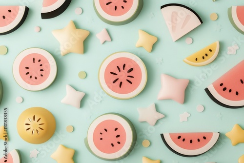 Colorful paper decorations featuring watermelon shapes in a playful arrangeme...