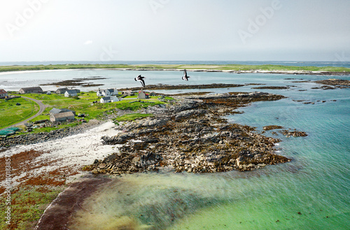 North Uist, Outer Hebrides Scotland. Looking SW over Balranald on islands west coast to Aird an Runair. RSPD nature reserve. Oyster catchers in flight photo