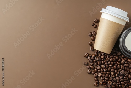 Coffee cup and scattered beans on a plain background create a warm aesthetic