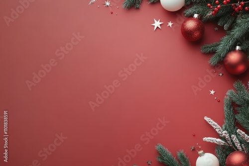 Elegant red and green holiday decorations with ornaments and pine cones for f...