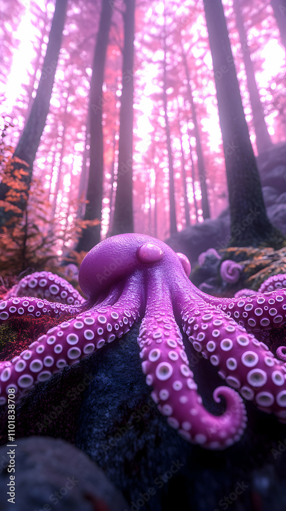 Obraz premium Pink Octopus in Enchanting Purple Forest, Digital Art Illustration of a Fantasy Creature in a Mystical Wood, Mysterious and Dreamlike Atmosphere