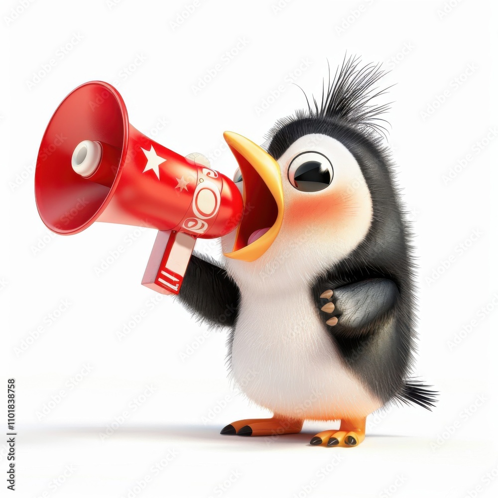 Fototapeta premium A determined penguin, is shouting into a megaphone