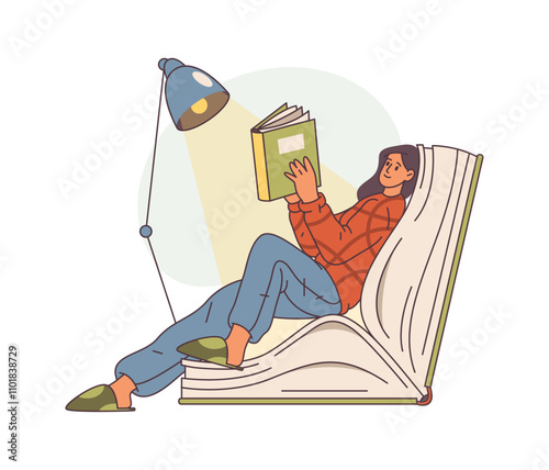 Female personage sitting on armchair in shape of book enjoying reading publication under lamp at home. Isolated woman hobby and pastime activity. Flat cartoon style character vector