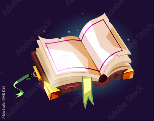 Magic book with empty pages and magical glowing. Vector isolated publication or witch grimoire for writing spells and recipes, alchemy and witchcraft textbook with bookmark. Antique library