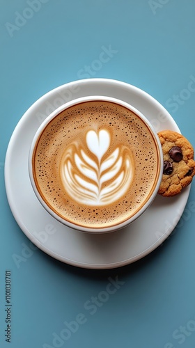 Warm cup of latte art beside a freshly baked chocolate chip cookie on a blue ...