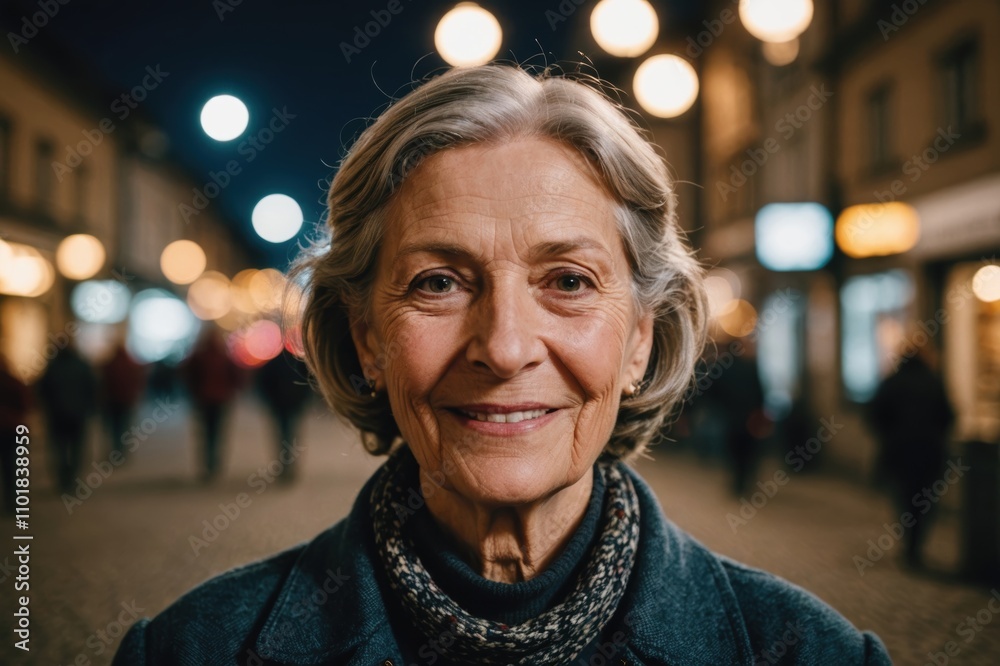 Close portrait of a smiling senior Liechtensteiner woman looking at the camera, Liechtensteiner city outdoors at night blurred background Close portrait of a smiling senior Liechtensteiner woman looking at the camera, Liechtensteiner city outdoors at night blurred background