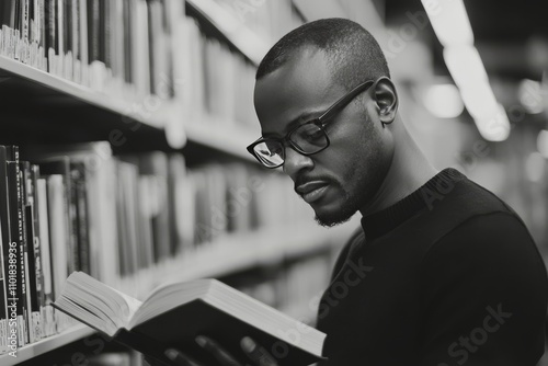 Man reading book while standing in library with rows of bookshelves around him