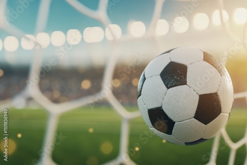 Soccer ball hits net during game at dusk with blurred stadium lights in backg...