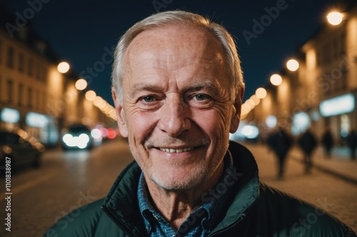 Close portrait of a smiling senior Lithuanian man looking at the camera, Lithuanian city outdoors at night blurred background