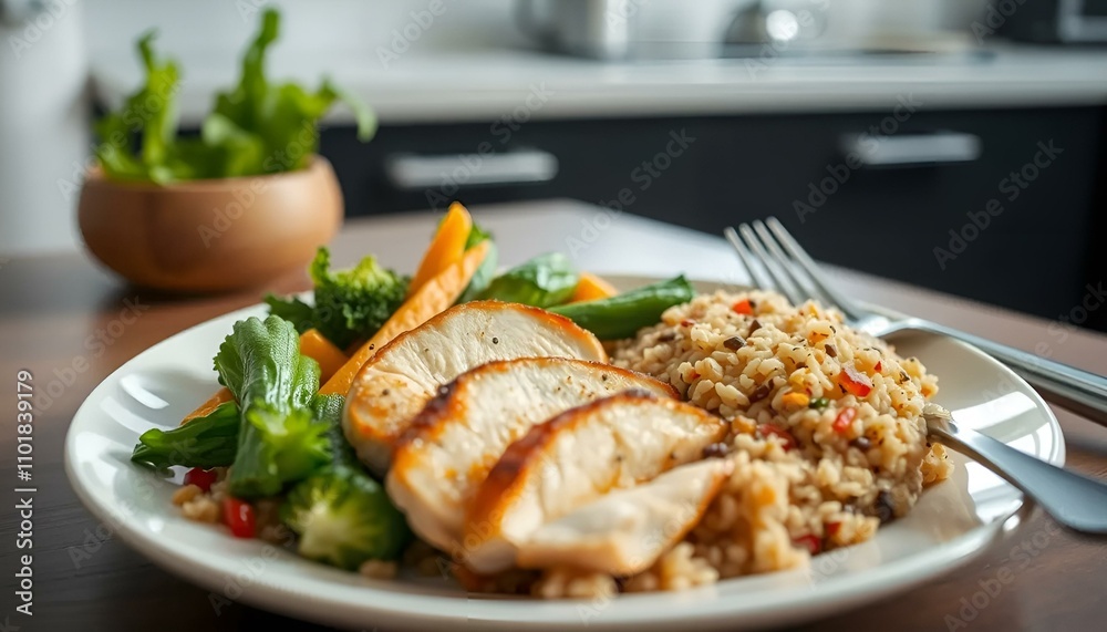 Delicious healthy meal with grilled chicken, quinoa, and fresh vegetables on a wooden table Delicious healthy meal with grilled chicken, quinoa, and fresh vegetables on a wooden table