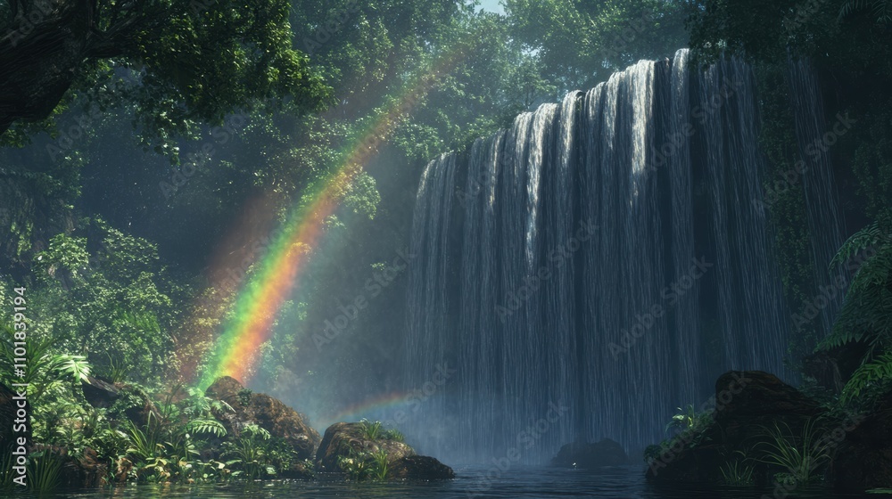 Naklejka premium Breathtaking rainforest waterfall with rainbow lush jungle nature photography serene viewpoint