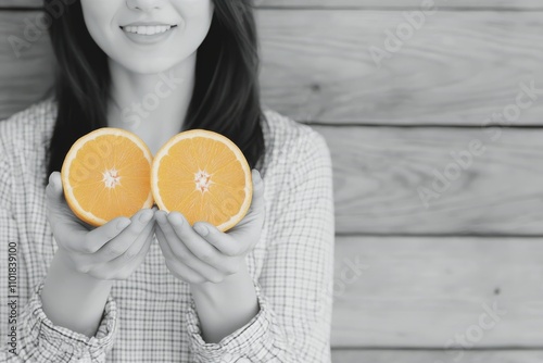 Woman holds fresh orange halves against wooden background in casual setting