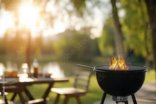 Cooking over an open flame by the lakeside on a sunny afternoon in summer