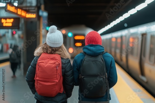 Couple waiting at a train station during snowfall for an approaching red train