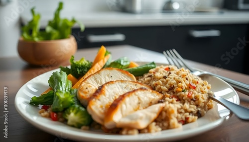 Delicious healthy meal with grilled chicken, quinoa, and fresh vegetables on a wooden table