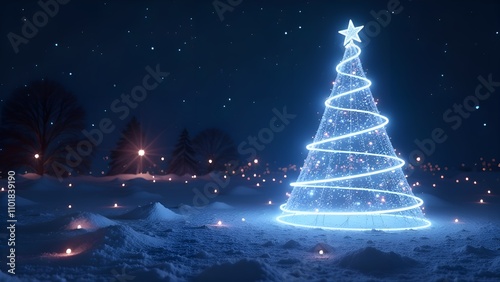 Decorations, magical, Christmas tree. Everything around is strewn with snow and a magical atmosphere
