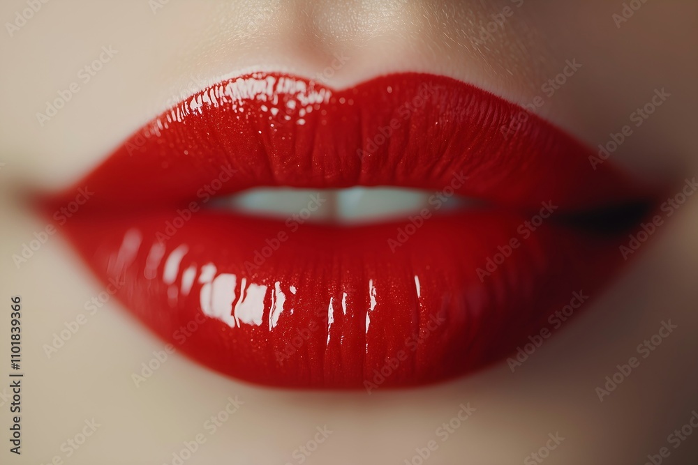 Obraz premium Close-up Photograph of Lips with Glossy Red Lipstick