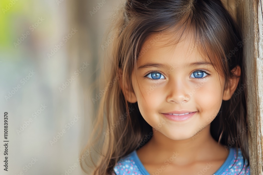 Young girl with blue eyes smiles happily while leaning against a wall in natural light Young girl with blue eyes smiles happily while leaning against a wall in natural light