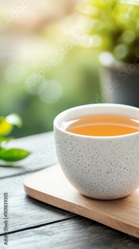 Warm cup of herbal tea on a wooden table with greenery in the background in t...