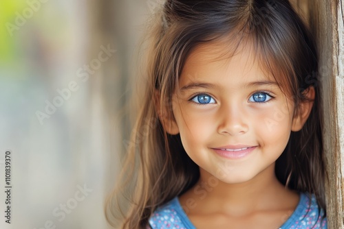 Young girl with blue eyes smiles happily while leaning against a wall in natu...