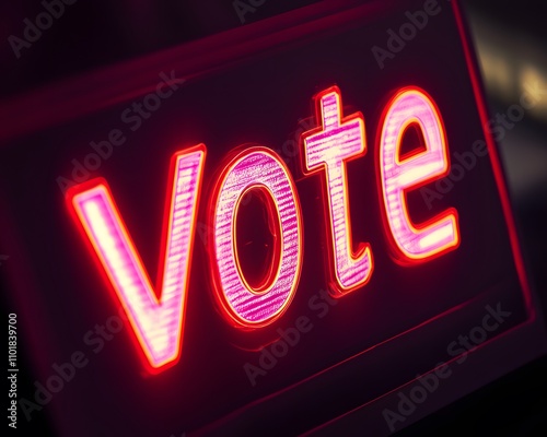 A vibrant neon sign displaying the word 'Vote', symbolizing the importance of civic participation and democracy in modern society. Perfect for political campaigns and advocacy. photo