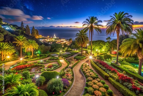 Night Photography of the Enchanting Botanischer Garten in Funchal, Madeira, Showcasing Lush Tropical Flora Illuminated Under Starlit Skies and Magical Garden Pathways photo