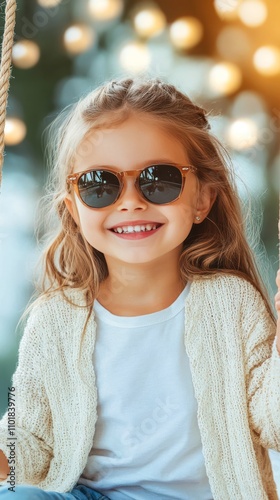 Young girl enjoying playful moments outdoors in sunny weather with stylish su...
