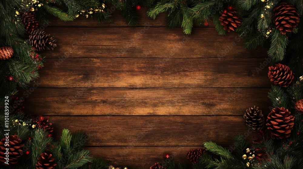 Christmas border frame concept with wooden planks, fir tree branches, and cones arranged for a festive look, perfect for a dark brown background. Ideal for seasonal designs and layouts. Christmas border frame concept with wooden planks, fir tree branches, and cones arranged for a festive look, perfect for a dark brown background. Ideal for seasonal designs and layouts.