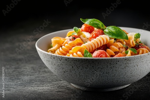 Delicious pasta salad with cherry tomatoes and fresh basil in a dark bowl