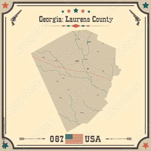 Large and accurate map of Laurens County, Georgia, USA with vintage colors.