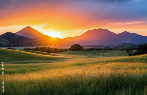 Majestic mountain landscape at sunset with green fields and rolling hills in ...