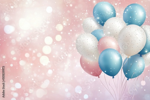 Colorful balloons create a festive atmosphere on a soft pink background for c...