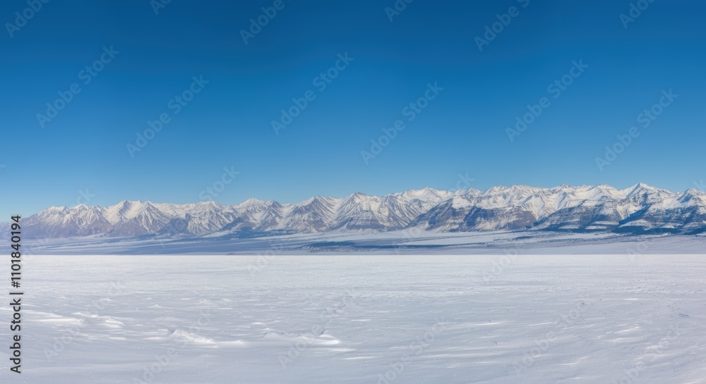 Frozen Lake, Snow Covered Mountains, Winter Landscape, Clear Blue Sky Frozen Lake, Snow Covered Mountains, Winter Landscape, Clear Blue Sky
