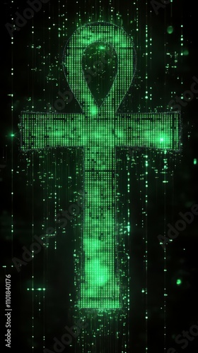 Matrix-style neon green digital ankh symbol abstract art digital realm futuristic design vibrant view photo