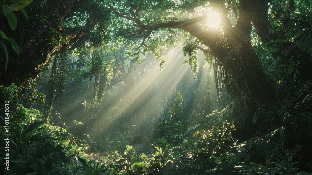 Cinematic ancient forest sunlight beams through lush trees in serene environment