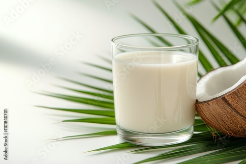 Coconut milk in a clear glass beside a halved coconut on a marble surface wit...