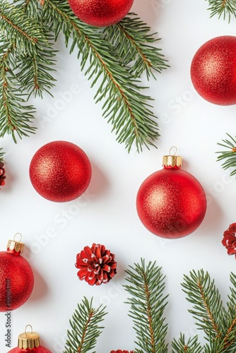 Festive decor with red ornaments and pine branches for holiday celebration