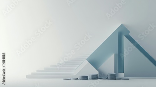 Blue arrow pointing upward above a pile of coins on a light background