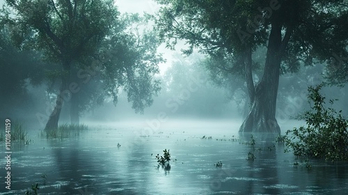 Misty swamp with a wet surface and fog, creating an eerie atmosphere. The swamp, enveloped in fog, reflects tranquility and mystery. Ideal for adding photo style copy space.