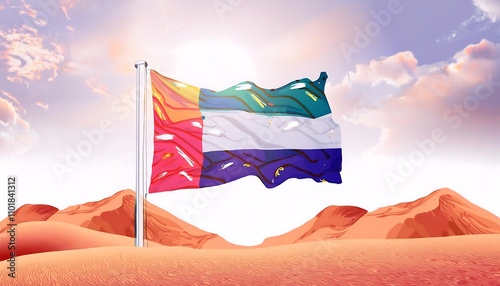UAE National day, National Day of United Arab Emirates. National Day Concept Design, flag of united Arab emirates in desert background, wave flag of UAE, flag day
 photo