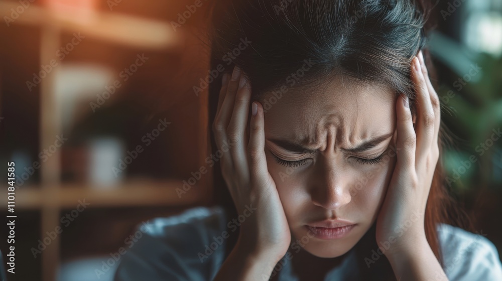 Young woman working on laptop having headache. Bored workaholic female accountant employee with headache and stress. Businesswoman woman with migraine, stress relief, chronic pain Young woman working on laptop having headache. Bored workaholic female accountant employee with headache and stress. Businesswoman woman with migraine, stress relief, chronic pain