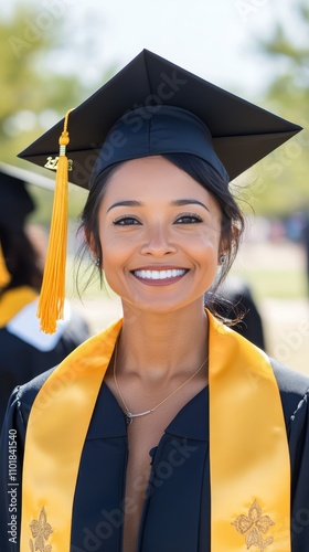 Young graduate smiling with pride during graduation ceremony