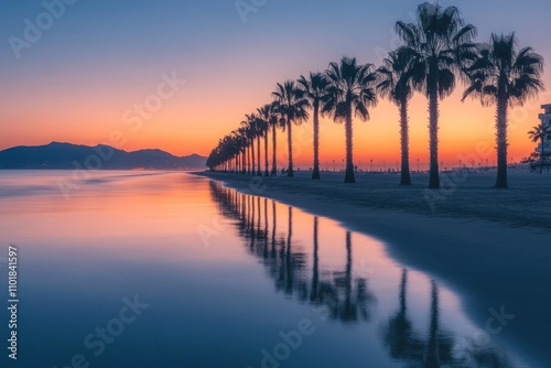 A row of palm trees silhouetted against a vibrant sunrise over a calm ocean with a perfect reflection in the water.
