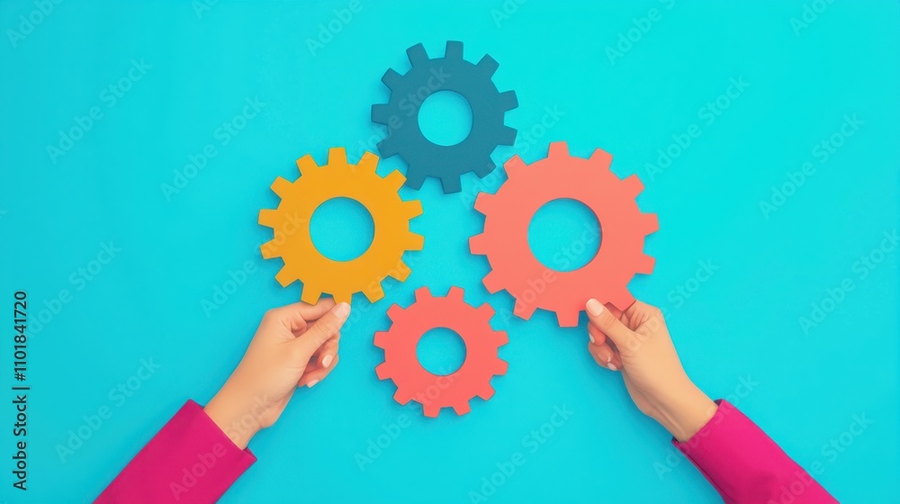 A vibrant image showing hands assembling colorful gears against a turquoise background, symbolizing teamwork and collaboration in problem-solving. A vibrant image showing hands assembling colorful gears against a turquoise background, symbolizing teamwork and collaboration in problem-solving.
