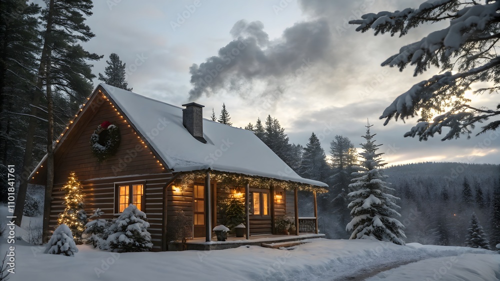 Cozy Christmas cabin with smoke rising from the chimney, warm holiday atmosphere, winter wonderland, festive decorations, seasonal charm, Christmas spirit, peaceful retreat, holiday magic and New Year Cozy Christmas cabin with smoke rising from the chimney, warm holiday atmosphere, winter wonderland, festive decorations, seasonal charm, Christmas spirit, peaceful retreat, holiday magic and New Year